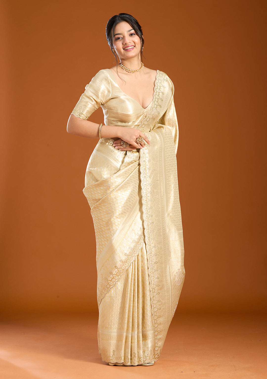 Beige Banarasi Art Silk Saree With Matching Blouse Piece