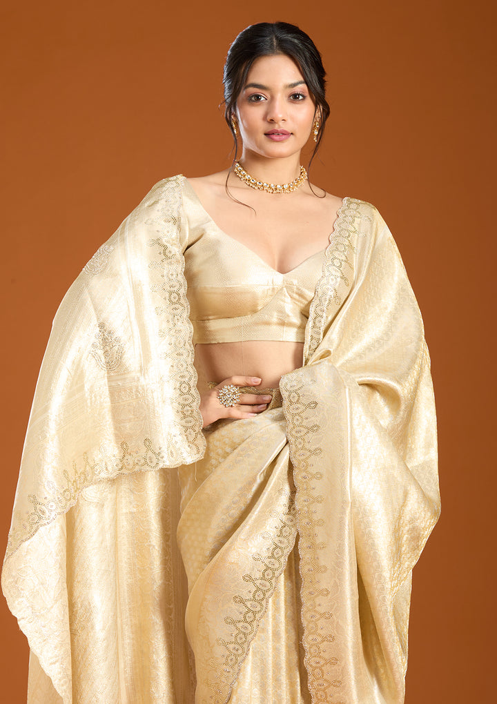 Beige Banarasi Art Silk Saree With Matching Blouse Piece