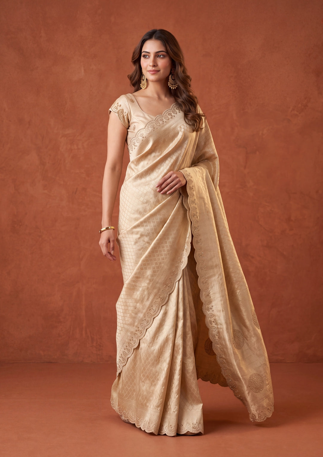 Gold Art Silk Jaal Swarovski Saree With Matching Blouse Piece