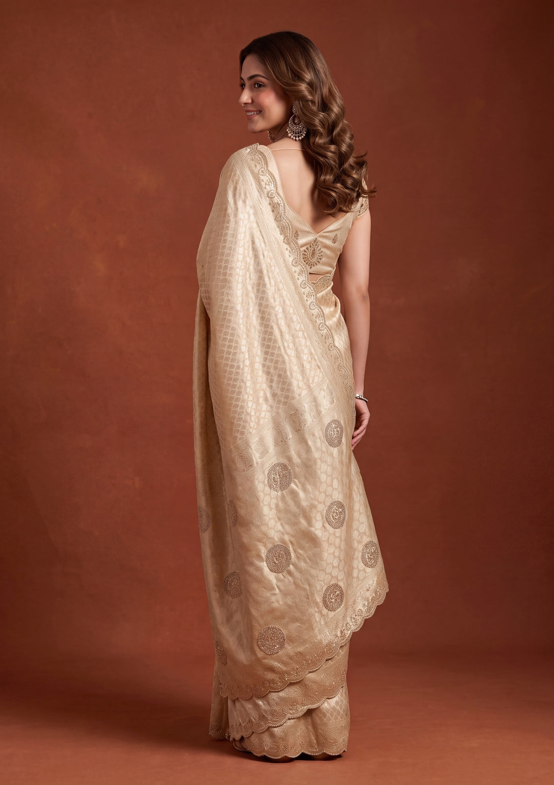 Gold Art Silk Jaal Swarovski Saree With Matching Blouse Piece