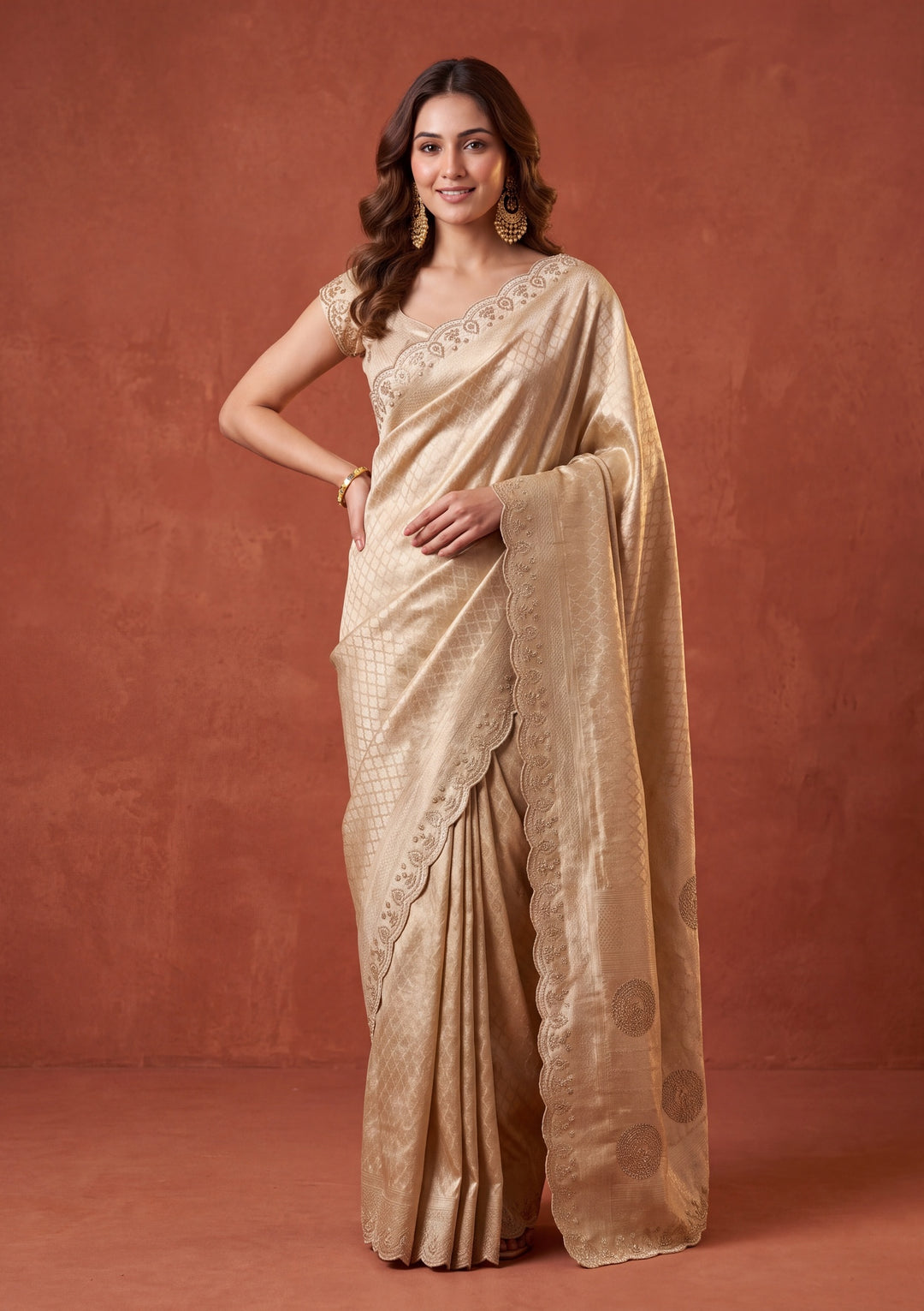 Gold Art Silk Jaal Swarovski Saree With Matching Blouse Piece