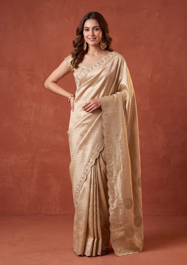 Gold Art Silk Jaal Swarovski Saree With Matching Blouse Piece