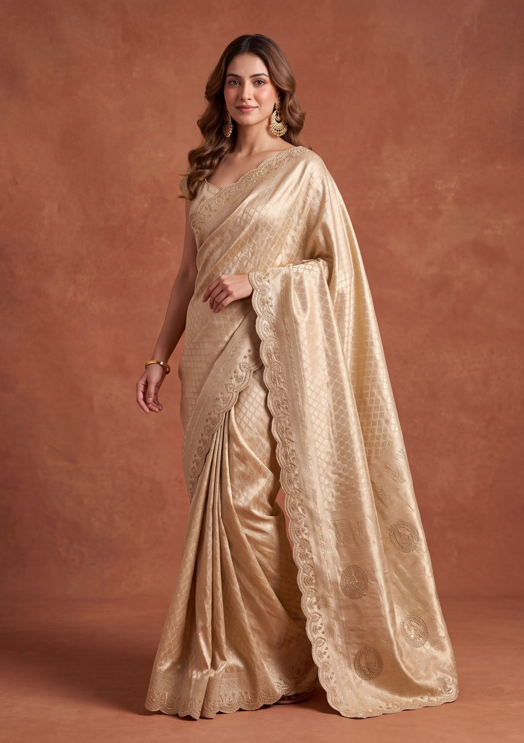 Gold Art Silk Jaal Swarovski Saree With Matching Blouse Piece