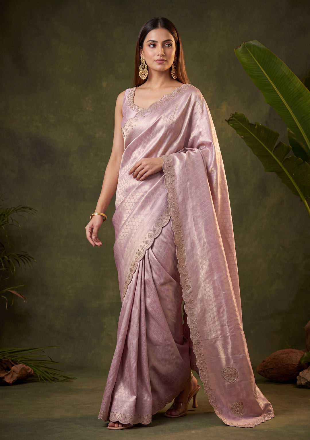 Lavender Art Silk Jaal Swarovski Saree With Matching Blouse Piece