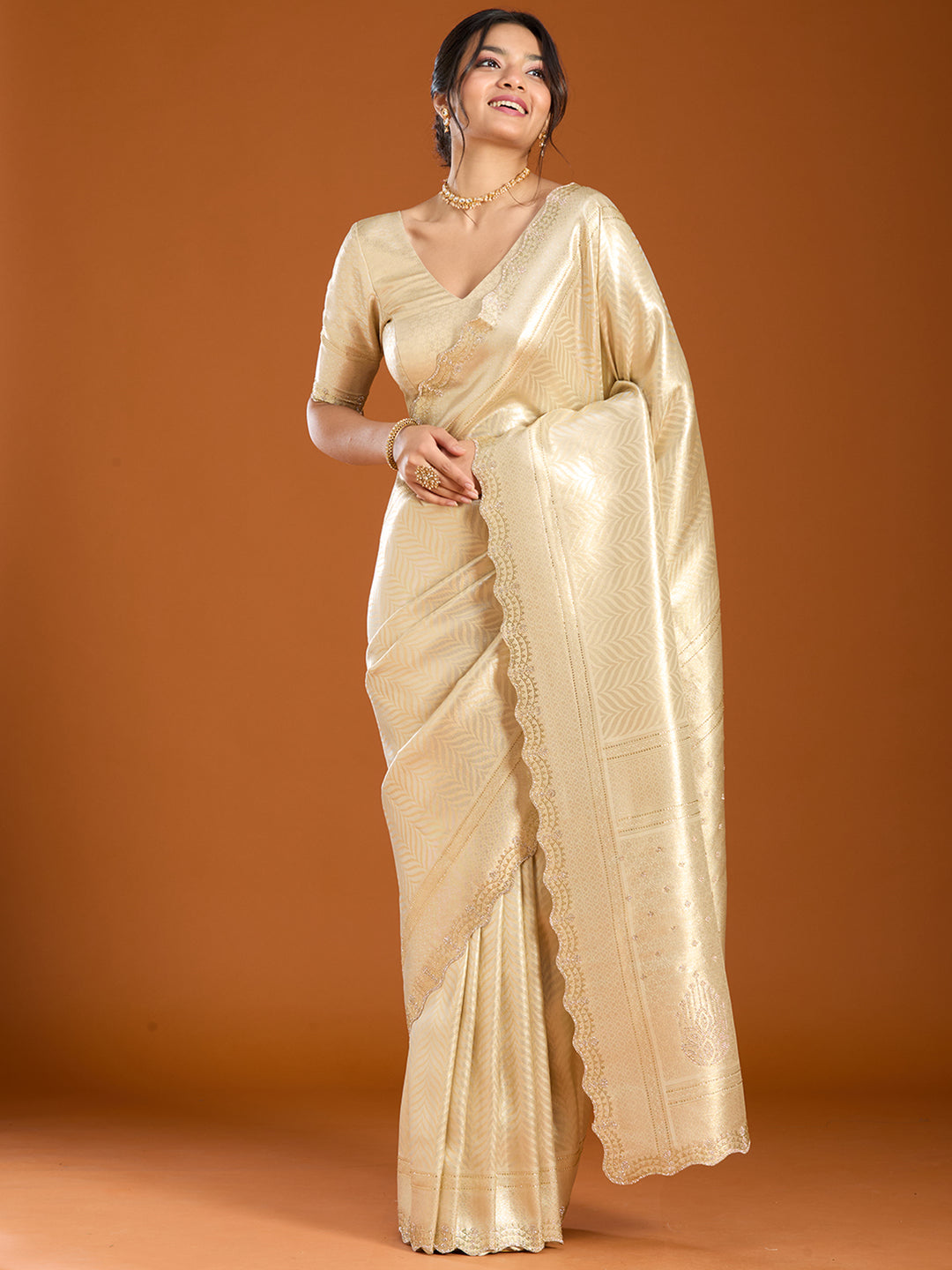 Beige Banarasi Art Silk Saree With Matching Blouse Piece