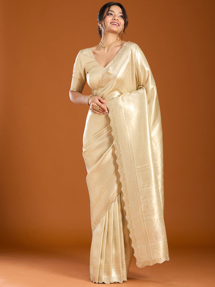Beige Banarasi Art Silk Saree With Matching Blouse Piece