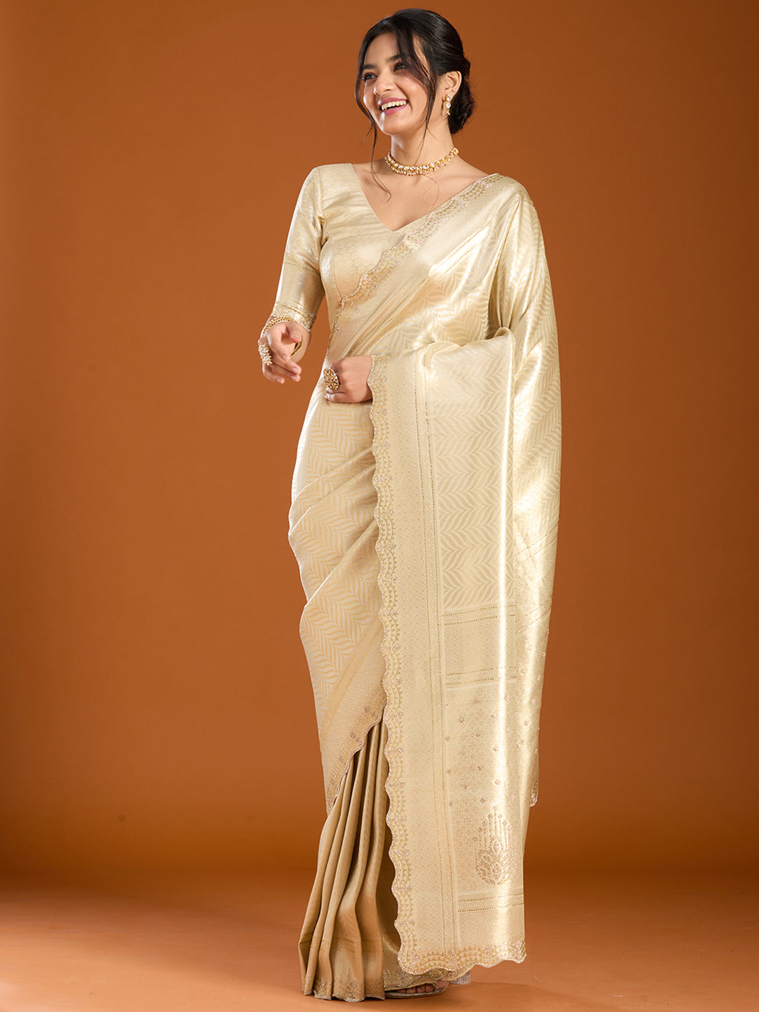 Beige Banarasi Art Silk Saree With Matching Blouse Piece