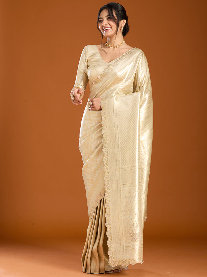 Beige Banarasi Art Silk Saree With Matching Blouse Piece
