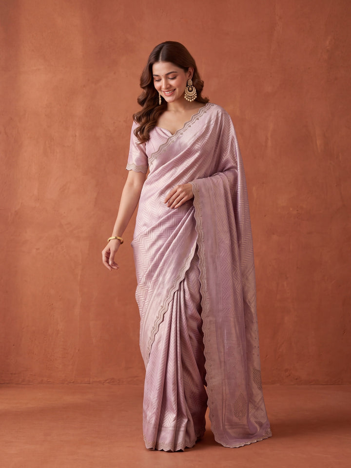 Lavender Silk Jaal Swarovski Saree With Matching Blouse Piece