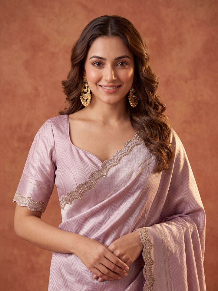 Lavender Silk Jaal Swarovski Saree With Matching Blouse Piece