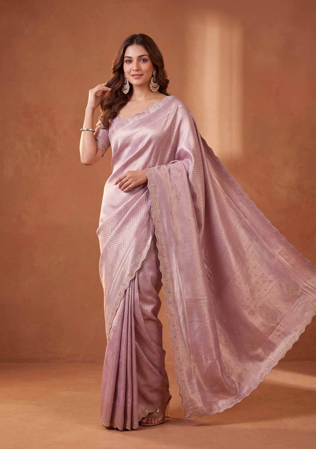 Lavender Silk Jaal Swarovski Saree With Matching Blouse Piece