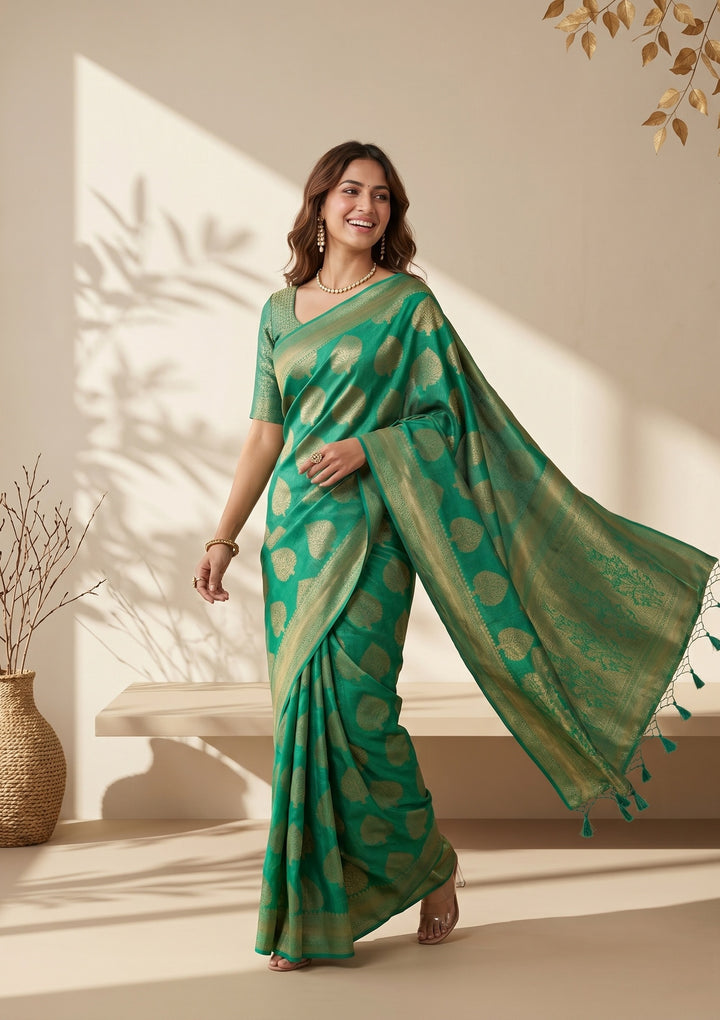 Leaf Green Silk Jaal Saree With Matching Blouse Piece