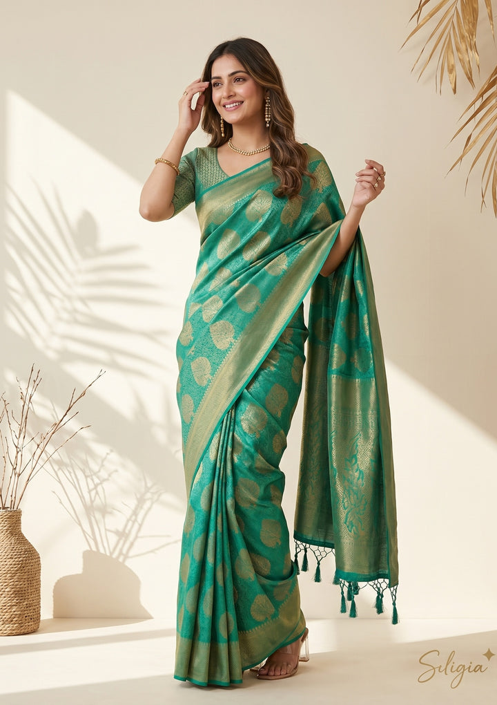 Leaf Green Silk Jaal Saree With Matching Blouse Piece