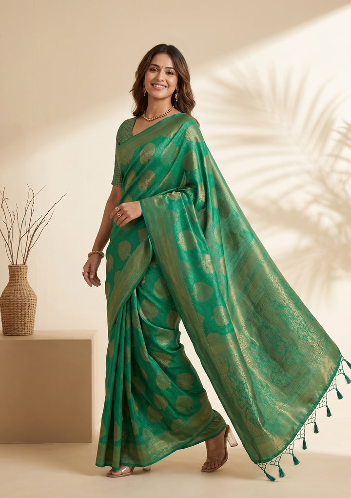 Leaf Green Silk Jaal Saree With Matching Blouse Piece