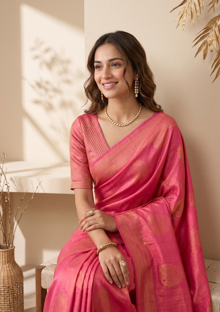 Rani Pink Silk Jaal Saree With Matching Blouse Piece