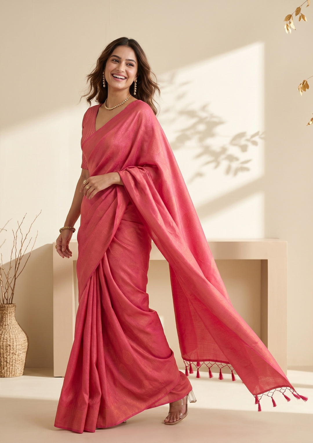 Rani Pink Silk Jaal Saree With Matching Blouse Piece