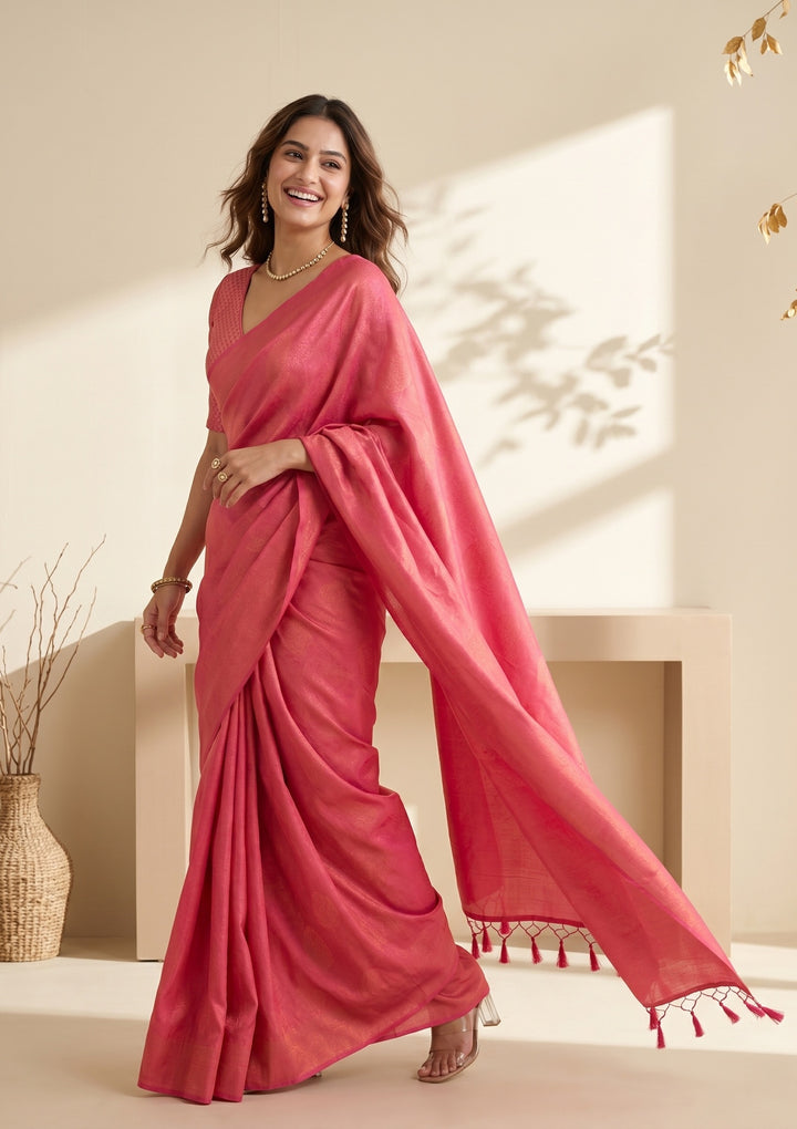 Rani Pink Silk Jaal Saree With Matching Blouse Piece