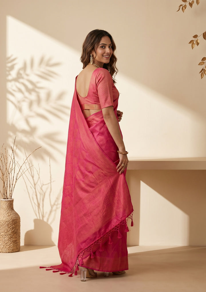 Rani Pink Silk Jaal Saree With Matching Blouse Piece