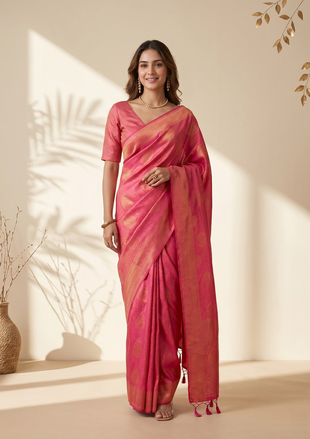 Rani Pink Silk Jaal Saree With Matching Blouse Piece