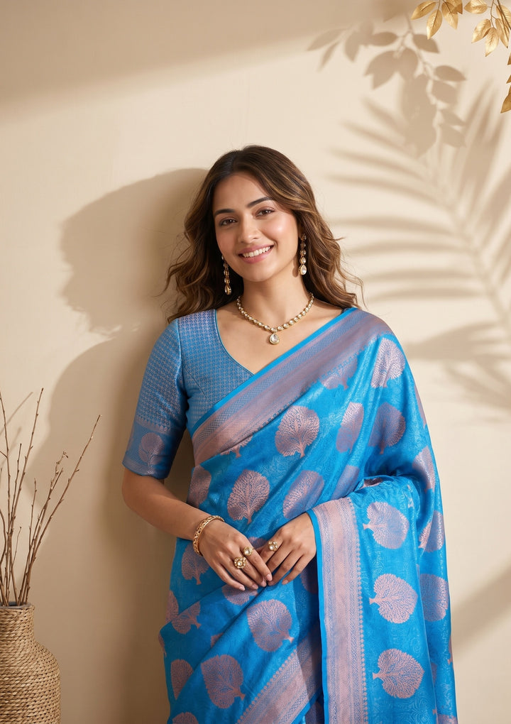 Turquoise Blue Silk Jaal Saree With Matching Blouse Piece
