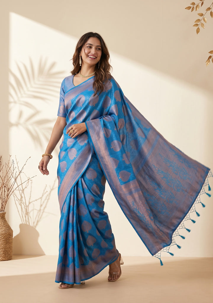 Turquoise Blue Silk Jaal Saree With Matching Blouse Piece