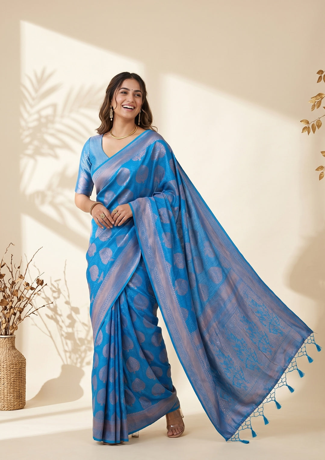 Turquoise Blue Silk Jaal Saree With Matching Blouse Piece