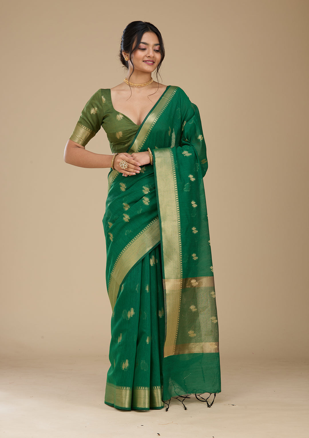 Bottle Green Banarasi Silk Saree With Matching Blouse Piece