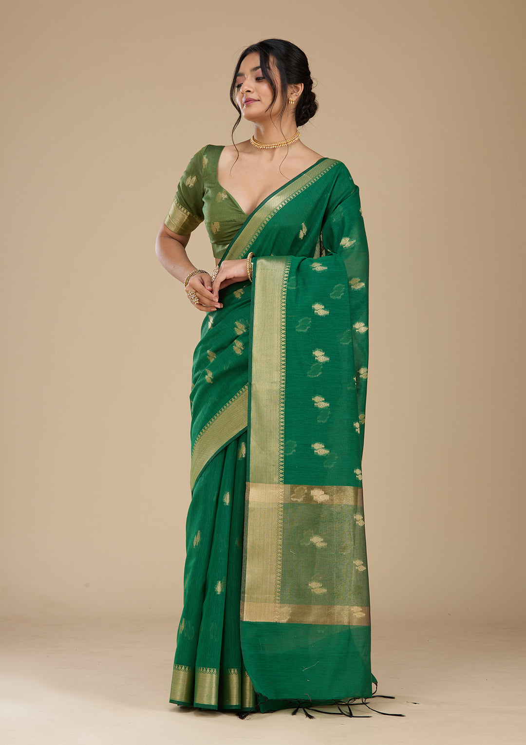Bottle Green Banarasi Silk Saree With Matching Blouse Piece