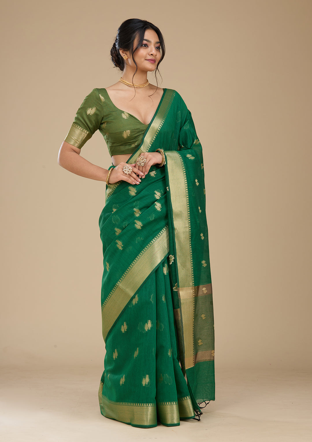 Bottle Green Banarasi Silk Saree With Matching Blouse Piece