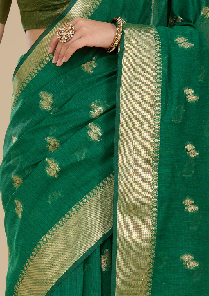 Bottle Green Banarasi Silk Saree With Matching Blouse Piece