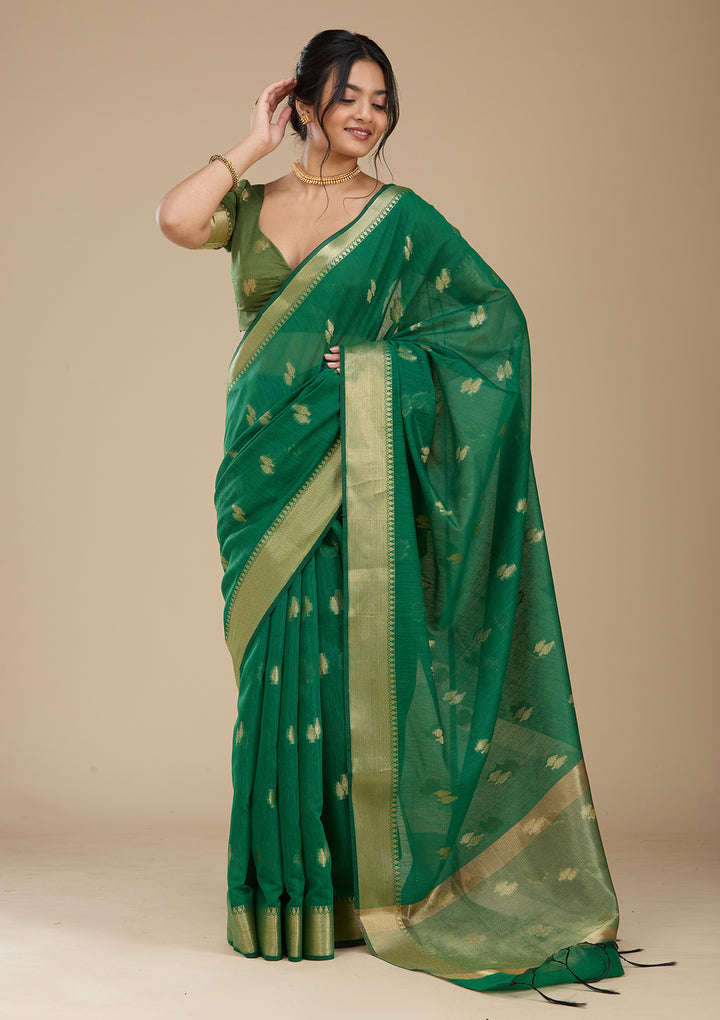 Bottle Green Banarasi Silk Saree With Matching Blouse Piece
