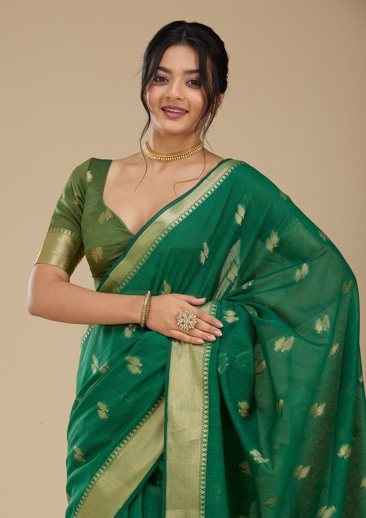 Bottle Green Banarasi Silk Saree With Matching Blouse Piece