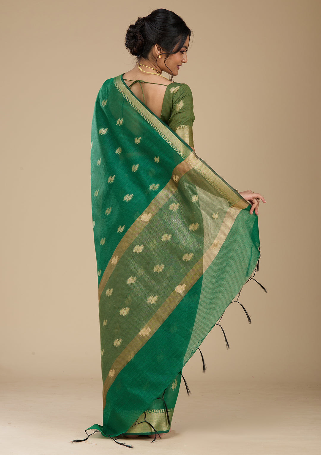 Bottle Green Banarasi Silk Saree With Matching Blouse Piece