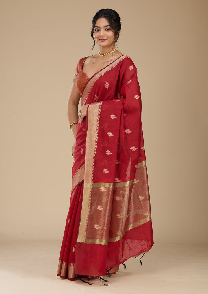 Maroon Banarasi Silk Saree With Matching Blouse Piece