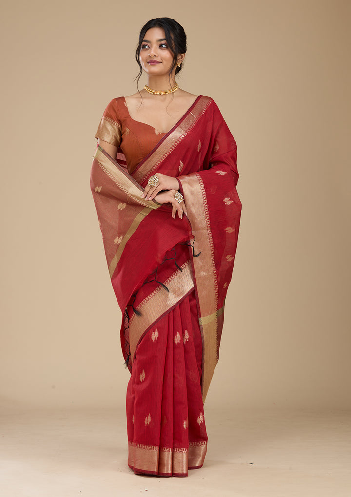 Maroon Banarasi Silk Saree With Matching Blouse Piece