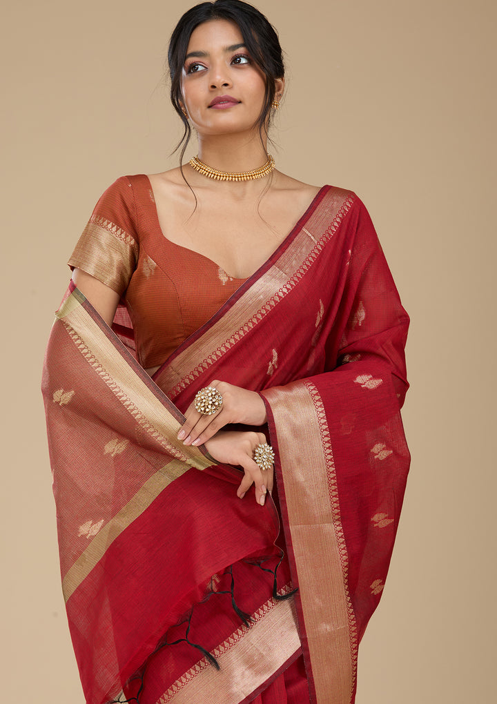 Maroon Banarasi Silk Saree With Matching Blouse Piece