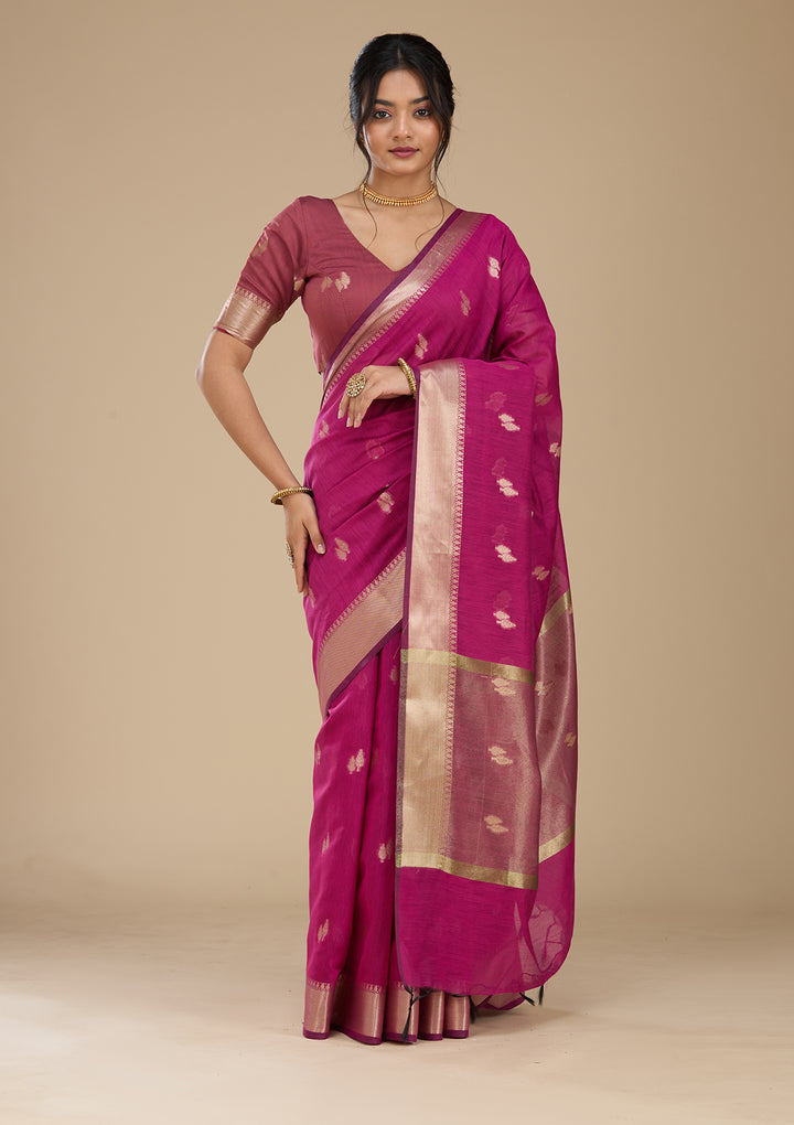 Wine Banarasi Silk Saree With Matching Blouse Piece