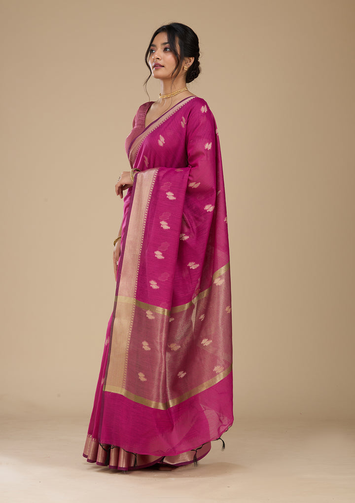 Wine Banarasi Silk Saree With Matching Blouse Piece