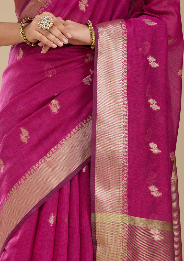 Wine Banarasi Silk Saree With Matching Blouse Piece
