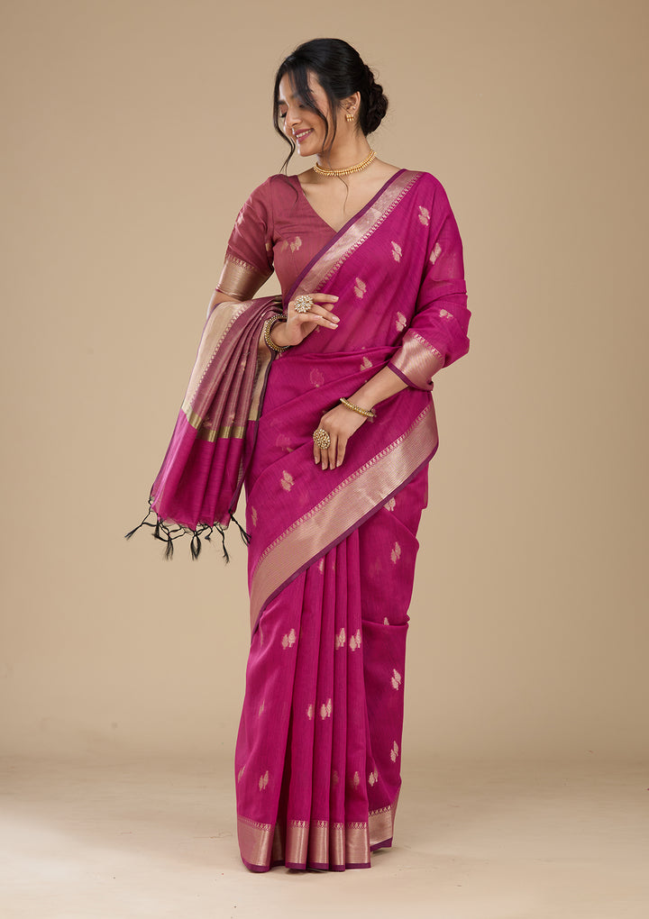 Wine Banarasi Silk Saree With Matching Blouse Piece