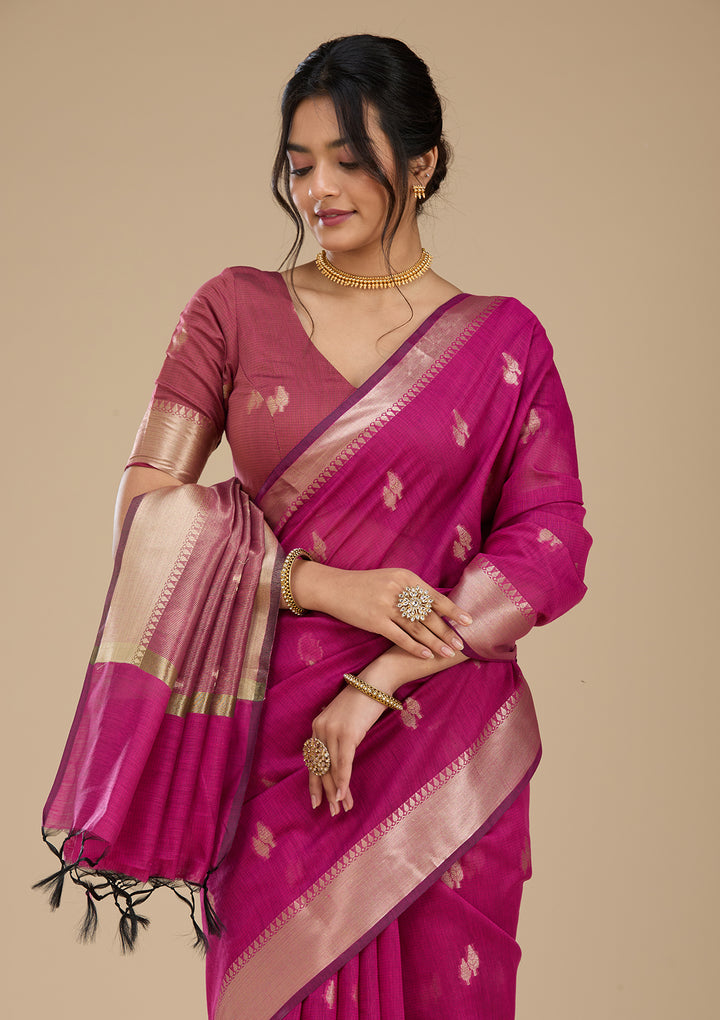 Wine Banarasi Silk Saree With Matching Blouse Piece