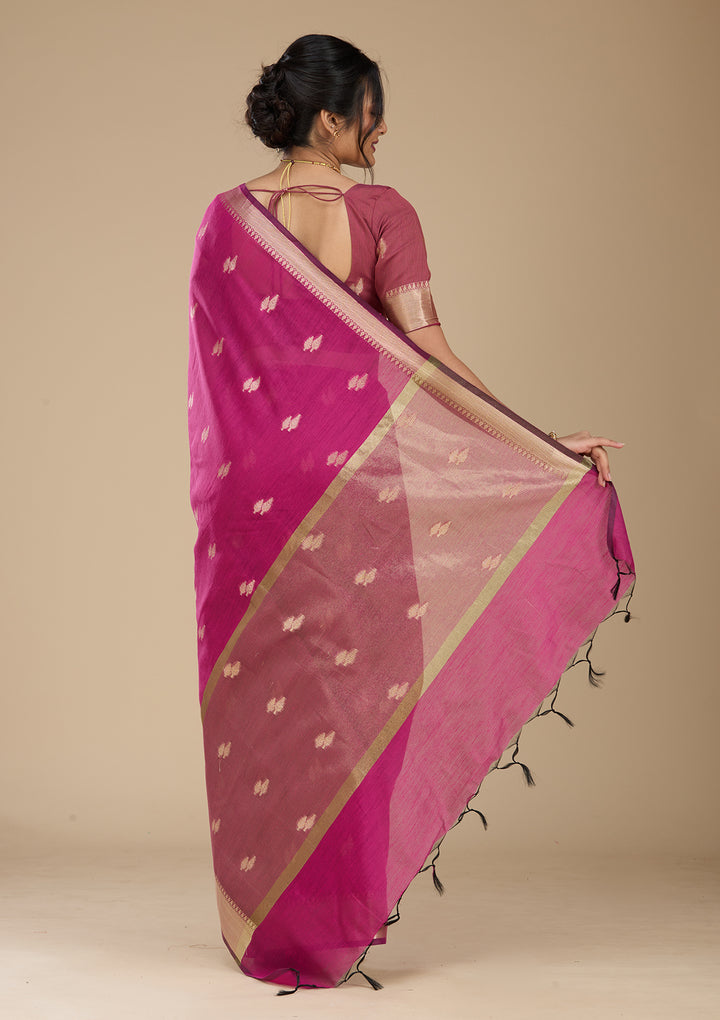 Wine Banarasi Silk Saree With Matching Blouse Piece