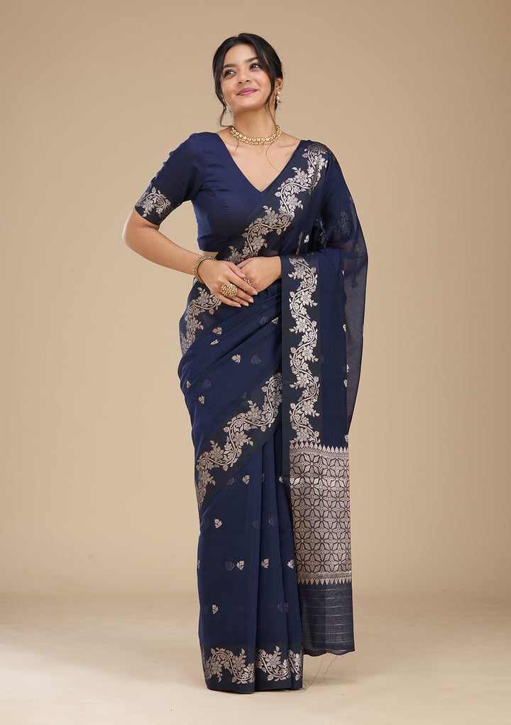 Navy Blue Banarasi Silk Saree With Matching Blouse Piece