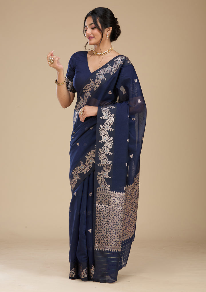 Navy Blue Banarasi Silk Saree With Matching Blouse Piece