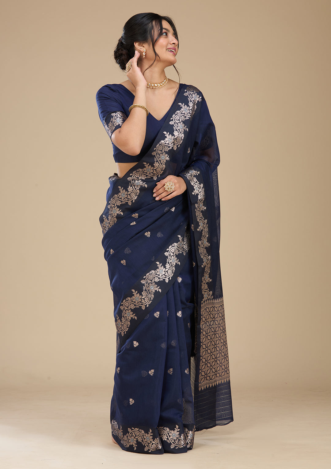 Navy Blue Banarasi Silk Saree With Matching Blouse Piece
