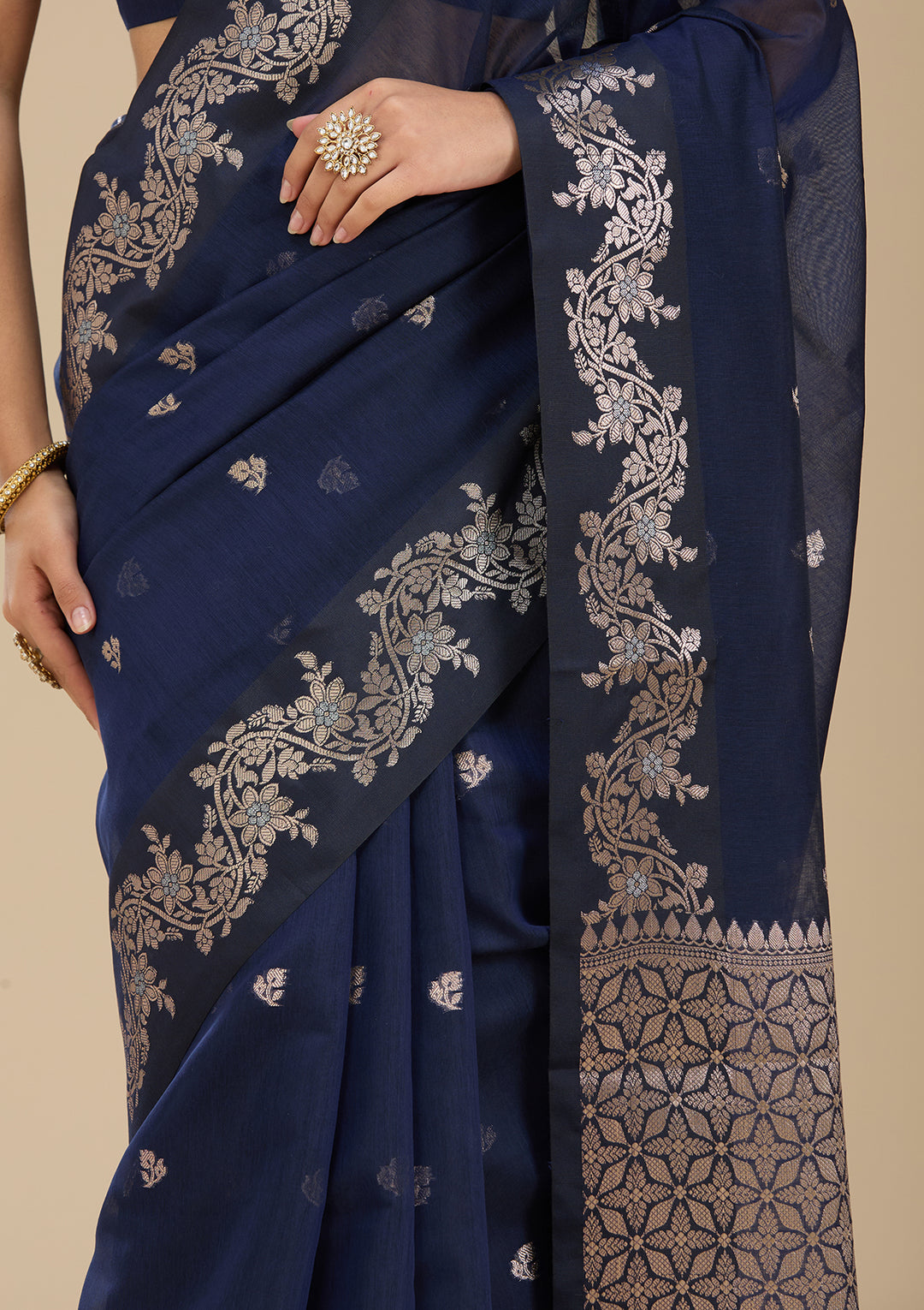 Navy Blue Banarasi Silk Saree With Matching Blouse Piece