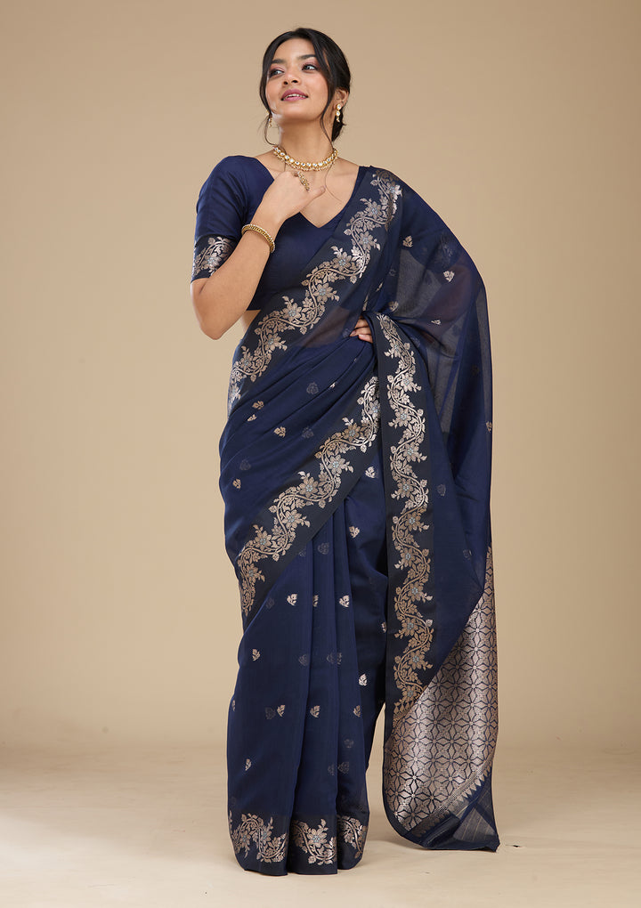Navy Blue Banarasi Silk Saree With Matching Blouse Piece