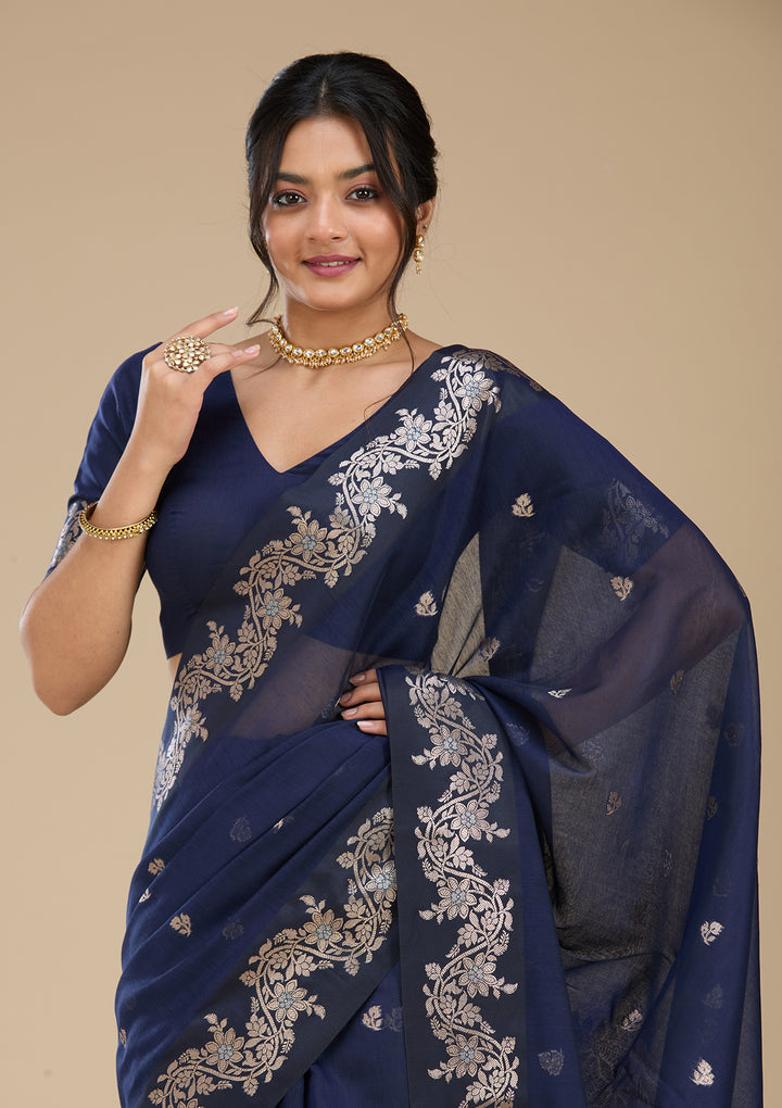 Navy Blue Banarasi Silk Saree With Matching Blouse Piece