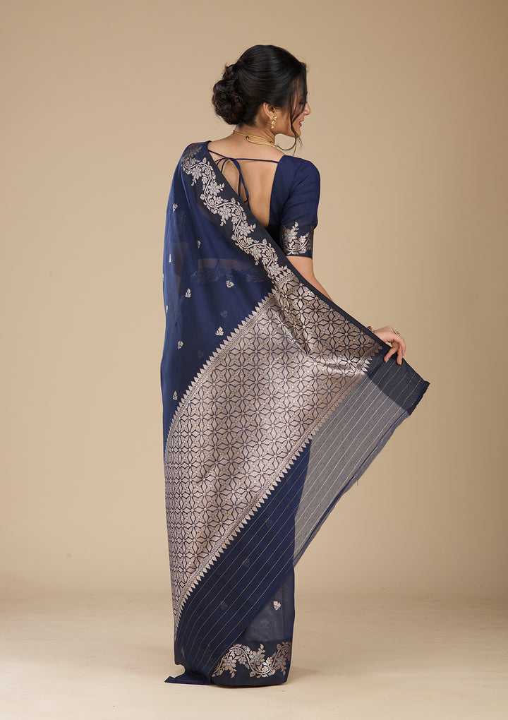 Navy Blue Banarasi Silk Saree With Matching Blouse Piece