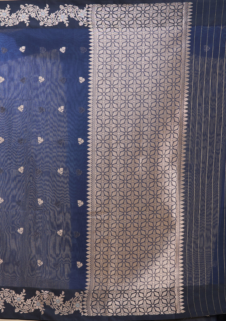 Navy Blue Banarasi Silk Saree With Matching Blouse Piece